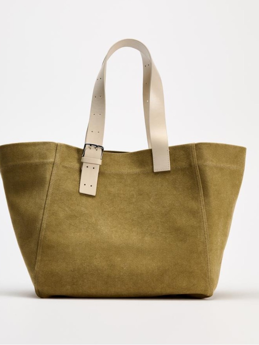 Zara Olive Canvas Tote Bag Cream Buckle Strap